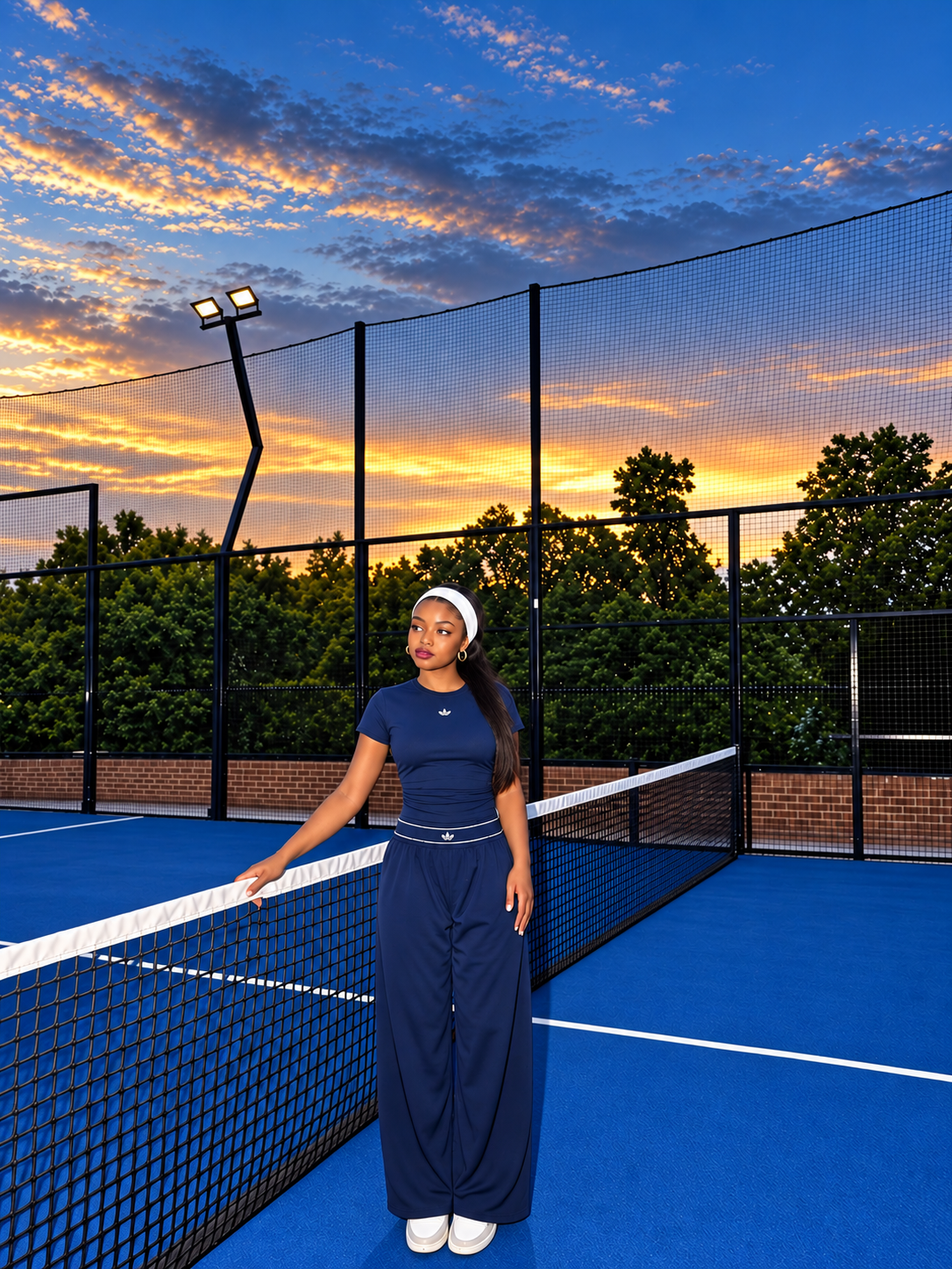 Ensemble bleu marine porté sur un court de tennis au coucher du soleil